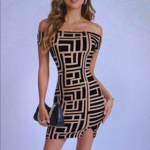 Elegant Black and Tan Geometric Dress