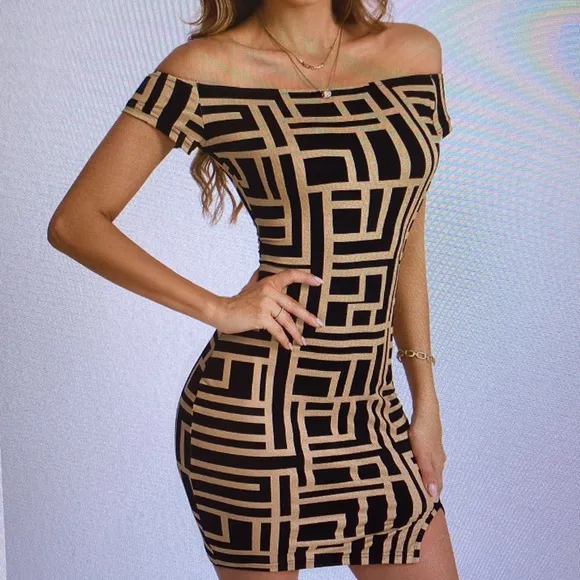Elegant Black and Tan Geometric Dress