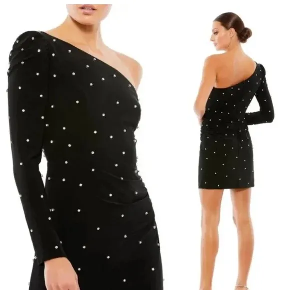 Elegant Black Rhinestone One-Shoulder mini Dress