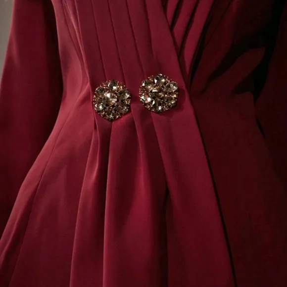 Elegant Modern Cinched Waist Burgundy VNeck Metal Rhinestone Decor Blazer Jacket