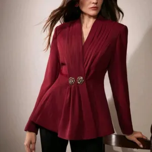 Elegant Modern Cinched Waist Burgundy VNeck Metal Rhinestone Decor Blazer Jacket