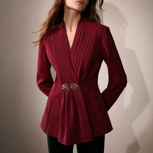 Elegant Modern Cinched Waist Burgundy VNeck Metal Rhinestone Decor Blazer Jacket