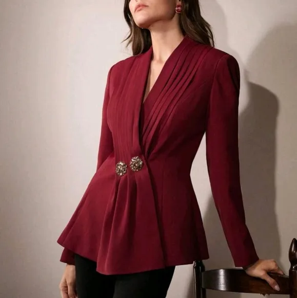 Elegant Modern Cinched Waist Burgundy VNeck Metal Rhinestone Decor Blazer Jacket