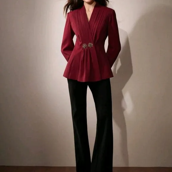 Elegant Modern Cinched Waist Burgundy VNeck Metal Rhinestone Decor Blazer Jacket
