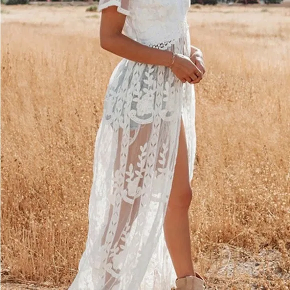 Elegant White Lace Dress long cardigan kimono mesh