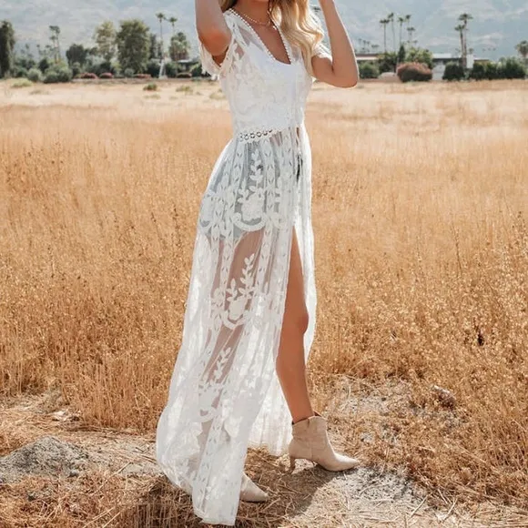 Elegant White Lace Dress long cardigan kimono mesh