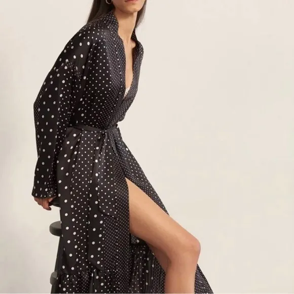 Else 100% silk black and white polka dot kimono style robe, size L/XL