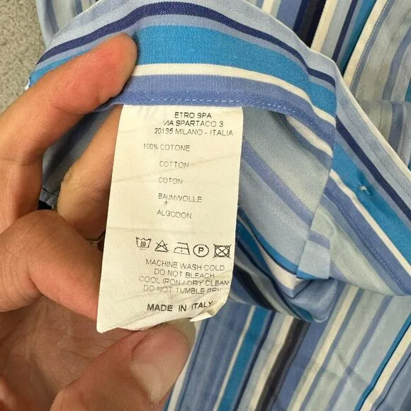 Etro Milano Men's Blue Striped Dress Shirt 42 Made in Italy
