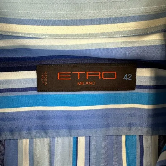 Etro Milano Men's Blue Striped Dress Shirt 42 Made in Italy