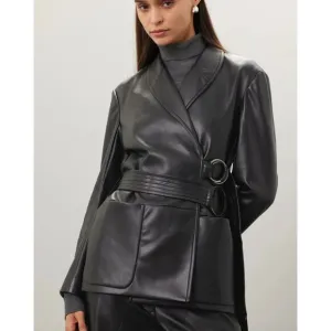 Eudon Choi Jacket Womens 12 Solid Black Double Belted Wrap Faux Leather