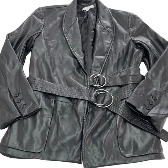 Eudon Choi Jacket Womens 12 Solid Black Double Belted Wrap Faux Leather
