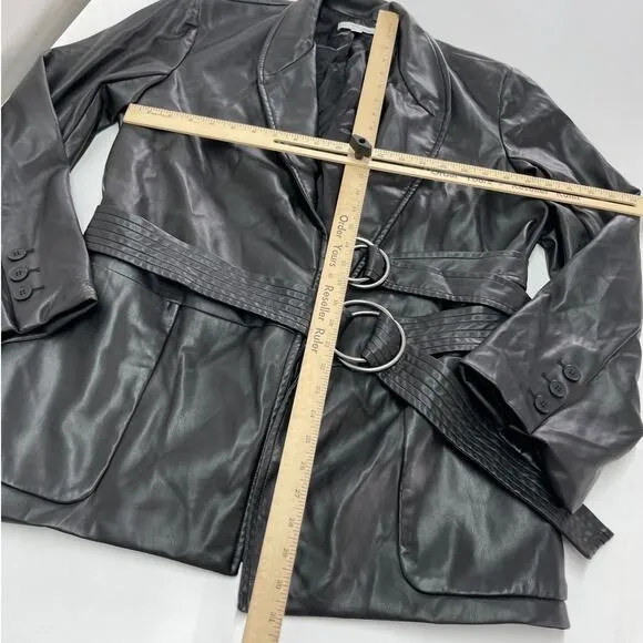 Eudon Choi Jacket Womens 12 Solid Black Double Belted Wrap Faux Leather