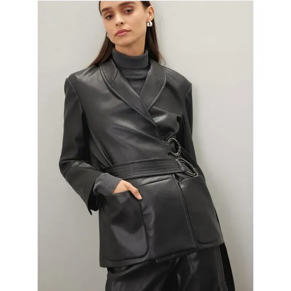 Eudon Choi Jacket Womens 12 Solid Black Double Belted Wrap Faux Leather