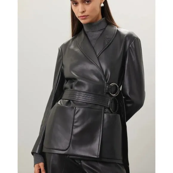 Eudon Choi Jacket Womens 12 Solid Black Double Belted Wrap Faux Leather