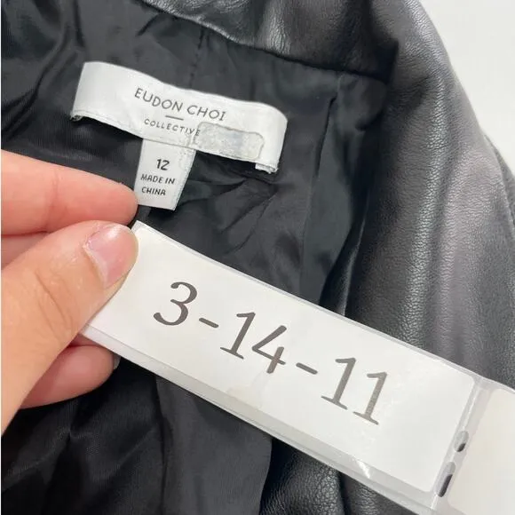 Eudon Choi Jacket Womens 12 Solid Black Double Belted Wrap Faux Leather