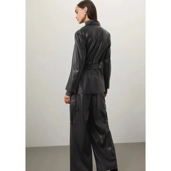 Eudon Choi Jacket Womens 12 Solid Black Double Belted Wrap Faux Leather