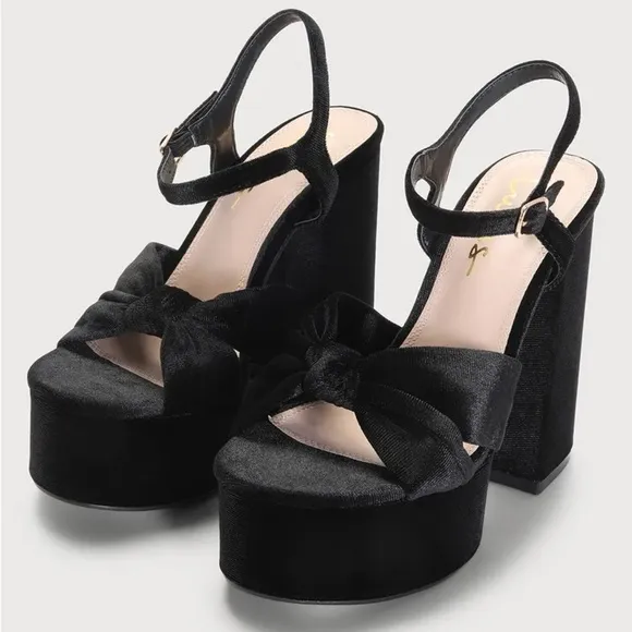 Falura Black Velvet Knotted Platform High Heel Sandals