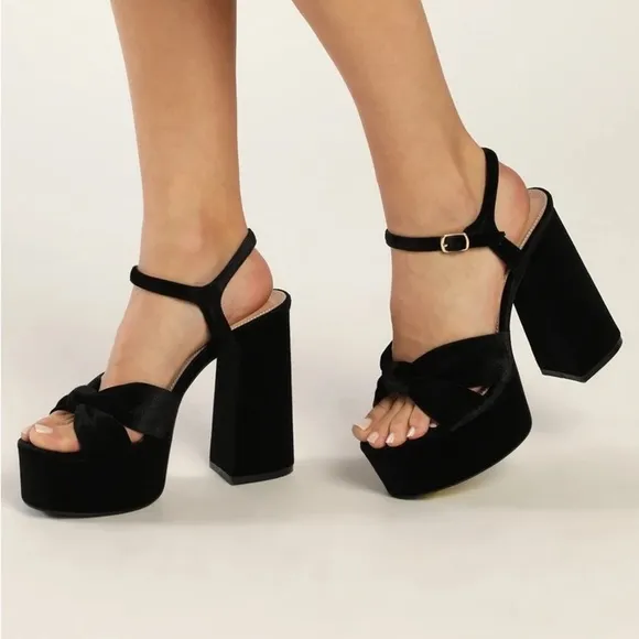 Falura Black Velvet Knotted Platform High Heel Sandals