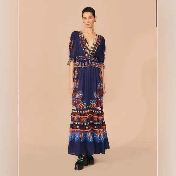 Farm Rio Blue Nature Beauty Short Sleeve Maxi Dress