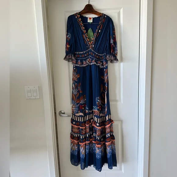Farm Rio Blue Nature Beauty Short Sleeve Maxi Dress