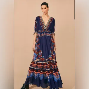 Farm Rio Blue Nature Beauty Short Sleeve Maxi Dress