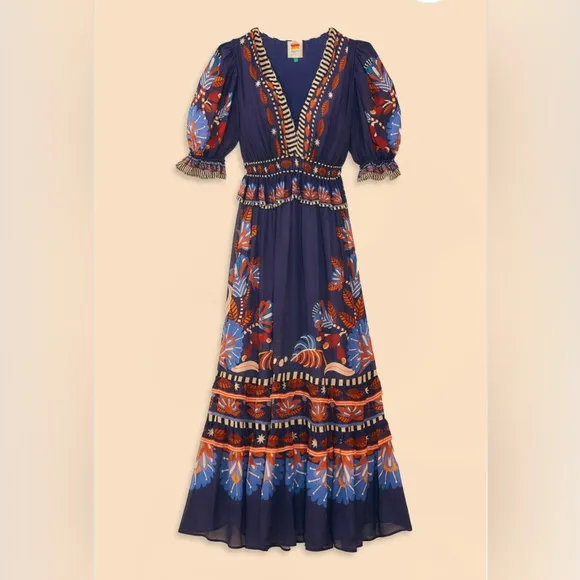 Farm Rio Blue Nature Beauty Short Sleeve Maxi Dress
