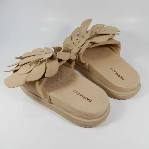 FARM RIO Monstera Platform Slide Anatomic Sandals Size 5 Almond Beige NEW