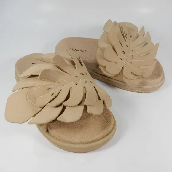 FARM RIO Monstera Platform Slide Anatomic Sandals Size 5 Almond Beige NEW