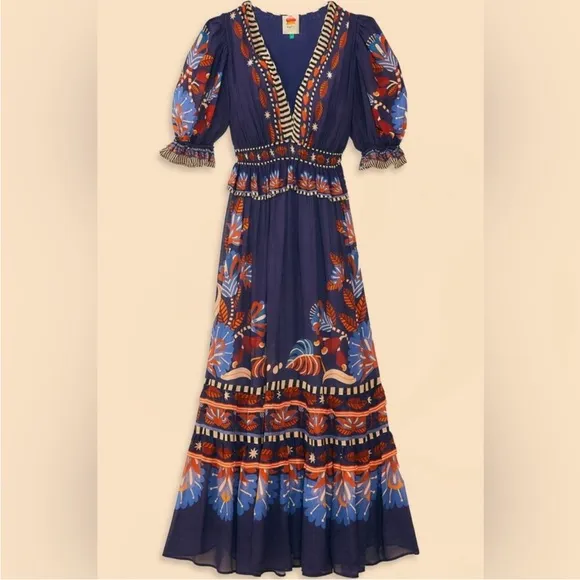 Farm Rio Nature Beauty Blue Short Sleeve Maxi Dress NWT Size Small