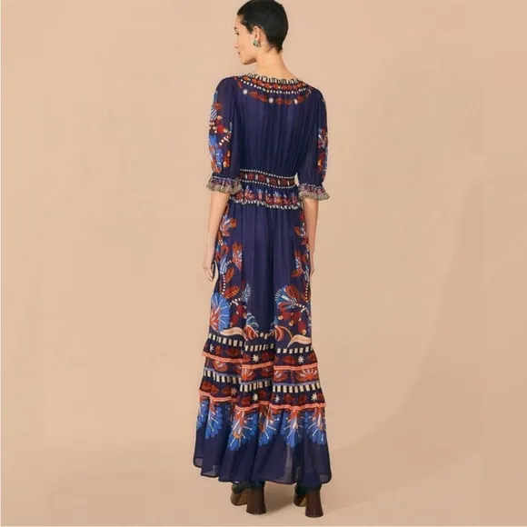 Farm Rio Nature Beauty Blue Short Sleeve Maxi Dress NWT Size Small