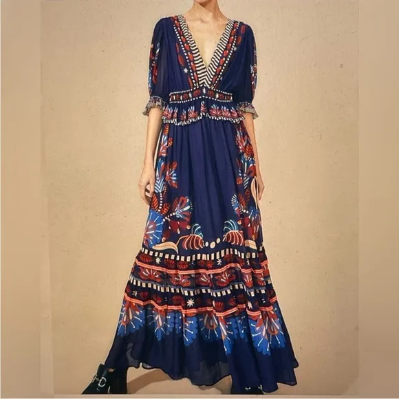 Farm Rio Nature Beauty Blue Short Sleeve Maxi Dress NWT Size Small