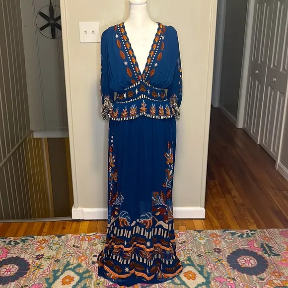 Farm Rio Nature Beauty Blue Short Sleeve Maxi Dress NWT Size Small