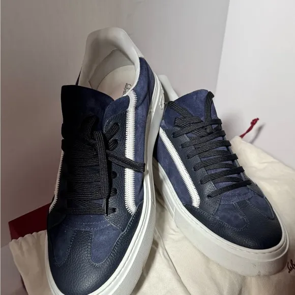 Ferragamo, Men's Navy and White Sneakers