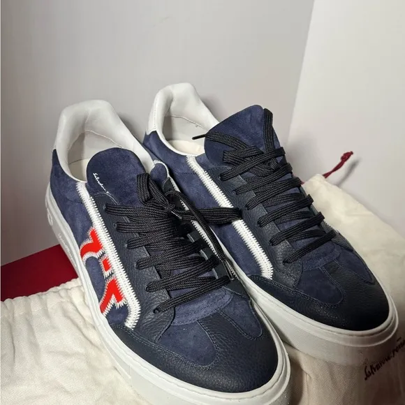 Ferragamo, Men's Navy and White Sneakers