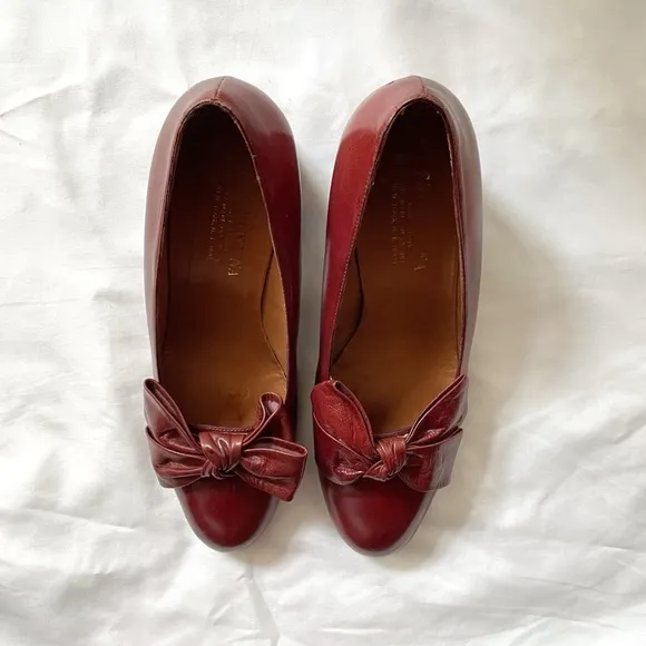 Fiorentina Cognac Kitten Bow Block Heel Leather Shoes Elegant Rare, Women 7.5
