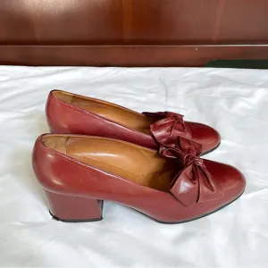 Fiorentina Cognac Kitten Bow Block Heel Leather Shoes Elegant Rare, Women 7.5