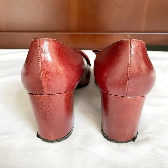 Fiorentina Cognac Kitten Bow Block Heel Leather Shoes Elegant Rare, Women 7.5