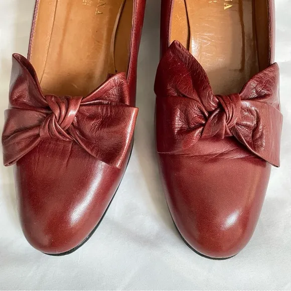 Fiorentina Cognac Kitten Bow Block Heel Leather Shoes Elegant Rare, Women 7.5