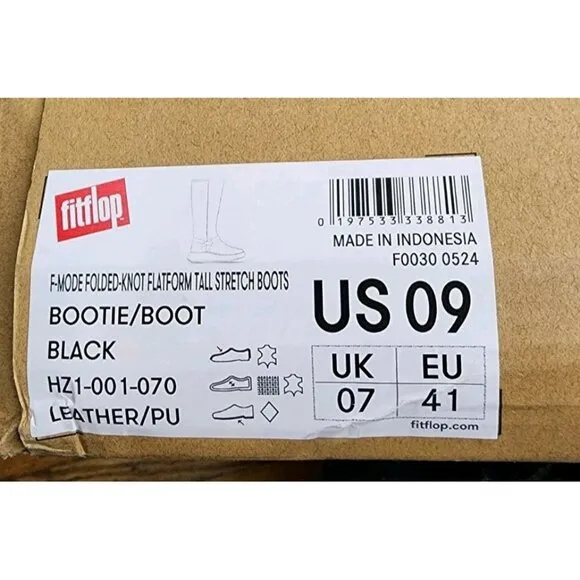 Fitflop Size 9 F-MODE Folded-Knot Flatform Tall Stretch Black Boots NIB
