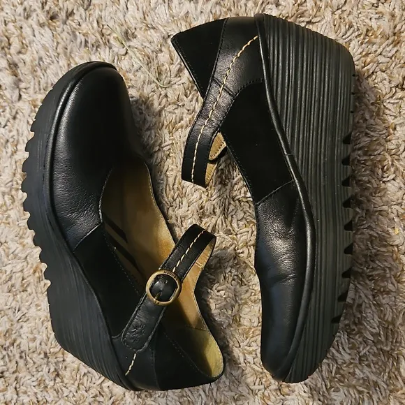 FLY LONDON Black Leather Mary Jane Wedge Shoes – Size 38