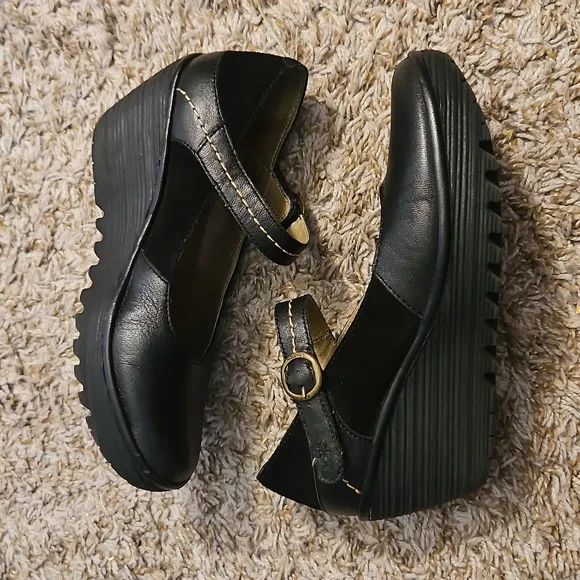 FLY LONDON Black Leather Mary Jane Wedge Shoes – Size 38