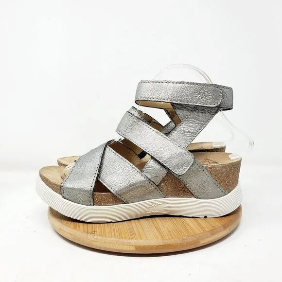 Fly London Wedge Sandals Womens 39 Silver Leather Platform Wege Strappy Shoes