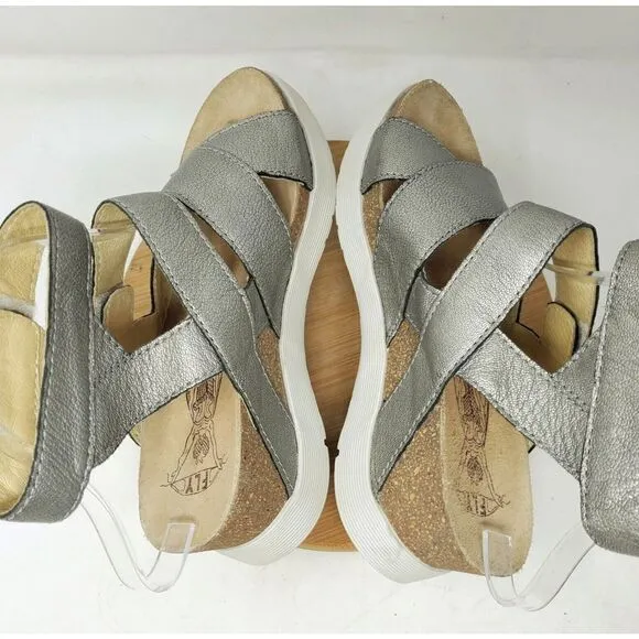 Fly London Wedge Sandals Womens 39 Silver Leather Platform Wege Strappy Shoes
