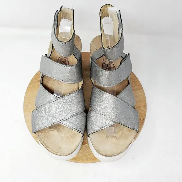 Fly London Wedge Sandals Womens 39 Silver Leather Platform Wege Strappy Shoes