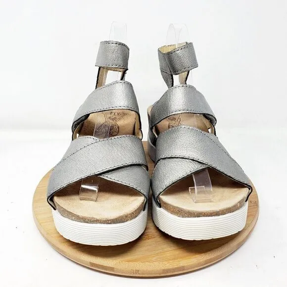 Fly London Wedge Sandals Womens 39 Silver Leather Platform Wege Strappy Shoes