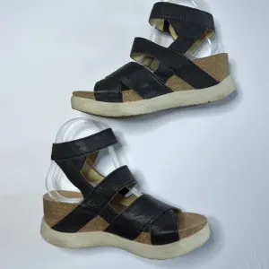 Fly London Womens 37 6.5-7 Wedge Black Leather Gladiator Platform Sandals Shoes