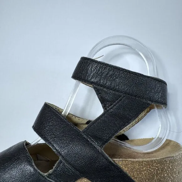 Fly London Womens 37 6.5-7 Wedge Black Leather Gladiator Platform Sandals Shoes