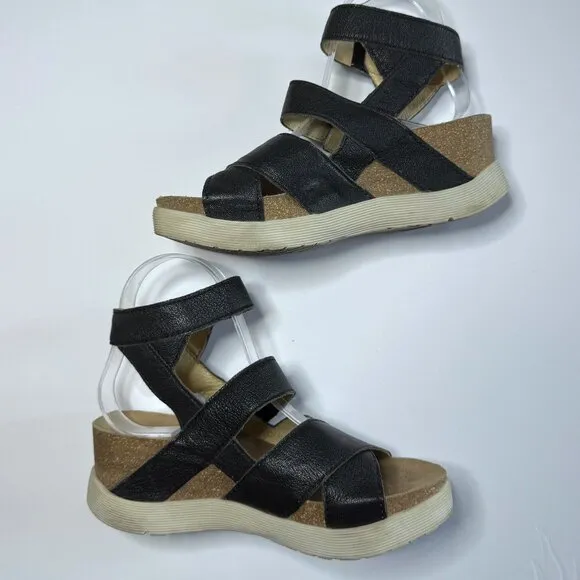 Fly London Womens 37 6.5-7 Wedge Black Leather Gladiator Platform Sandals Shoes