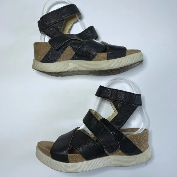 Fly London Womens 37 6.5-7 Wedge Black Leather Gladiator Platform Sandals Shoes