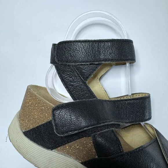 Fly London Womens 37 6.5-7 Wedge Black Leather Gladiator Platform Sandals Shoes